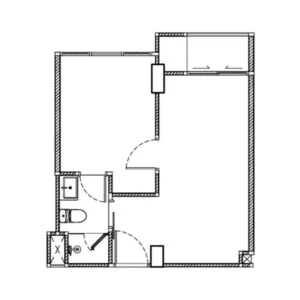 Architektonické 2D Rozvrhnutie Pôdorysu 1-Izbového Bytu O Výmere 33-35 m² V Embassy World Jomtien Zobrazujúce Obytnú Časť, Súkromnú Spálňu, Kúpeľňu A Balkón