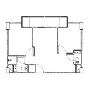 Architektonické 2D Rozvrhnutie Pôdorysu 2-Izbového Bytu O Výmere 50-51 m² Vzniknutého Spojením Štúdií V Embassy World Jomtien Zobrazujúce Dve Spálne, Kúpeľne, Centrálnu Obytnú Časť A Balkón