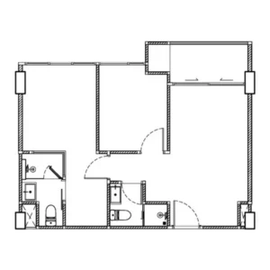 Architektonické 2D Rozvrhnutie Pôdorysu 2-Izbového Bytu O Výmere 51,5-52,5 m² V Embassy World Jomtien Zobrazujúce Dve Samostatné Spálne, Dve Kúpeľne, Obývaciu Izbu A Balkón