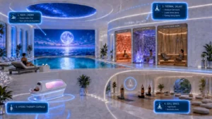 Interior render of the Embassy World Jomtien wellness center featuring an Aqua Cinema heated pool, Hydro Therapy Capsule, Thermal Galaxy saunas, and a Soul Space yoga studio.
