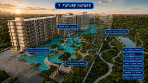Aerial master plan rendering of Embassy World Jomtien featuring a 155m water lagoon, island landscape design, direct park connection, and eco-smart environmental monitoring systems