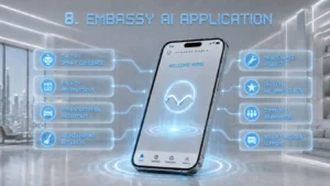 Mobile smartphone displaying the Embassy AI Application interface with smart resident features including 24/7 AI concierge, facility reservations, housekeeping, and maintenance requests.