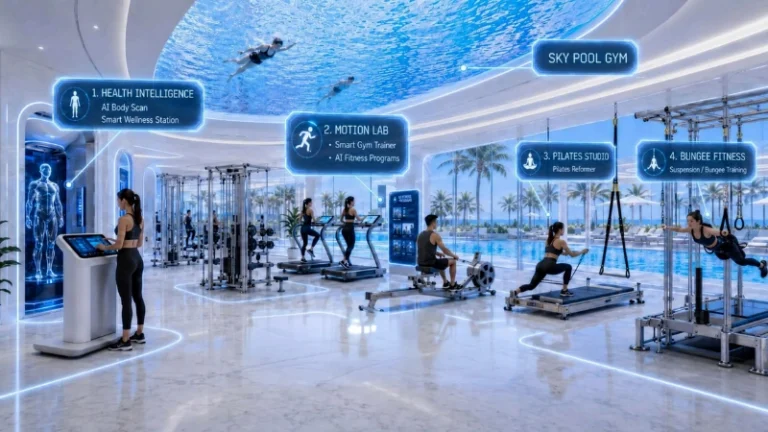 Interior render of the high-tech Sky Pool Gym at Embassy World Jomtien, featuring an AI Body Scan station, Smart Gym Trainers, a Pilates Studio, Bungee Fitness, and a transparent ceiling with a swimming pool above.