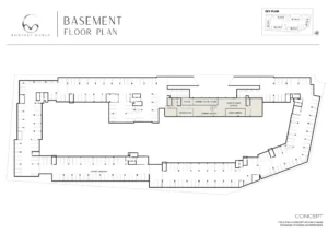 Architectural basement floor plan layout for Embassy World Jomtien showing underground parking bays, EV charging stations, and wellness facility zones including Bungee Gym, Thermal Galaxy, Hydro Therapy, and Aqua Cinema.