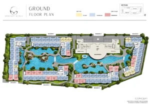 Architectural basement floor plan layout for Embassy World Jomtien showing underground parking bays, EV charging stations, and wellness facility zones including Bungee Gym, Thermal Galaxy, Hydro Therapy, and Aqua Cinema.