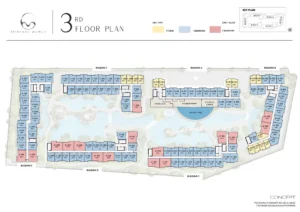 Architectural basement floor plan layout for Embassy World Jomtien showing underground parking bays, EV charging stations, and wellness facility zones including Bungee Gym, Thermal Galaxy, Hydro Therapy, and Aqua Cinema.