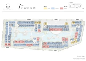 Architectural basement floor plan layout for Embassy World Jomtien showing underground parking bays, EV charging stations, and wellness facility zones including Bungee Gym, Thermal Galaxy, Hydro Therapy, and Aqua Cinema.