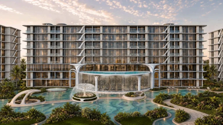 Exterior view of Embassy World Jomtien luxury smart condominiums featuring a central water lagoon, tropical landscaping, and modern architecture