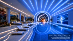 Futuristic indoor swimming pool render at Embassy World Jomtien featuring blue neon arch lighting, a cosmic portal design feature, and side lounger seating.
