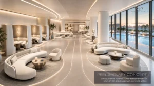 Architectural concept render of the executive lounge and co-working space at Embassy World Jomtien featuring private working booths, curved white sofas, and floor-to-ceiling glass windows overlooking an outdoor pool.