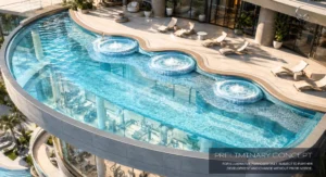 Aerial view render of the glass-walled swimming pool at Embassy World Jomtien featuring circular jacuzzi jet pods, sun loungers, and an underwater view into the fitness center below.