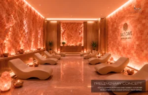 Architectural concept render of the Himalayan Salt Cave spa room at Embassy World Jomtien featuring illuminated rock salt walls, ergonomic loungers, and warm ambient wellness lighting.