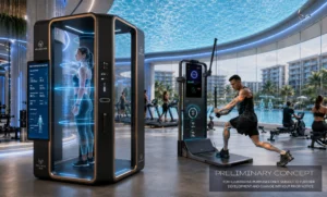 Architectural concept render of the smart fitness center at Embassy World Jomtien featuring a 3D body composition scanning booth, interactive smart gym equipment, and pool views.